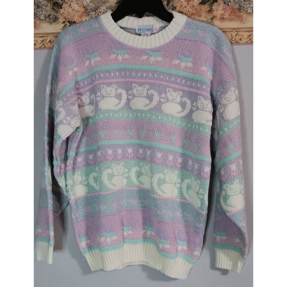 Rose Brand Medium Vintage Pastel 80s Fairy Cat Floral Metal Knit Pullover Sweate